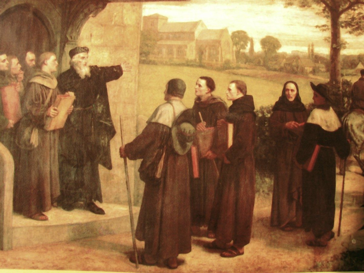 A painting showing John Wycliffe giving 'the poor priests' his translation of the Bible