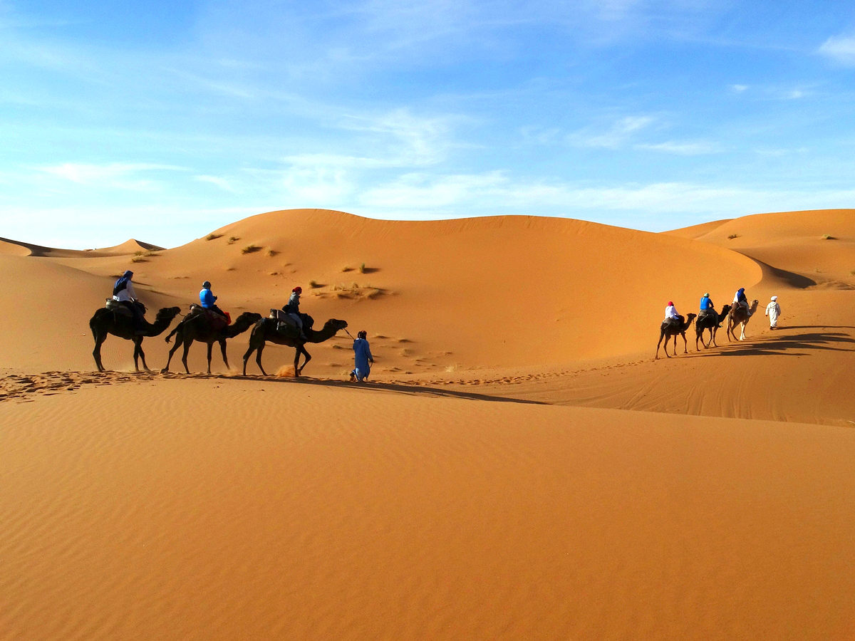 Riding camels toward Erg Chebbi, Merzouga